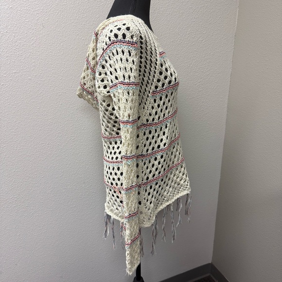 Poof! by Free People Open Knit Fringe Sweater Cream Boho Festival Beach Cover - Picture 7 of 10